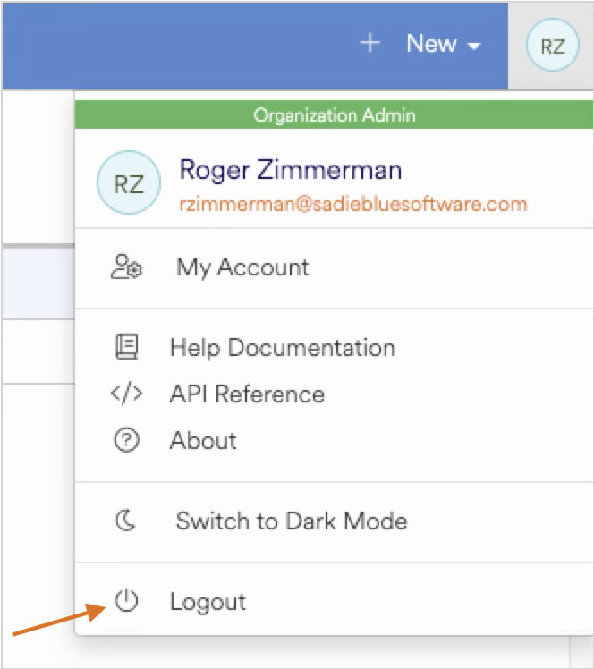 User menu showing account options with a logout button highlighted.